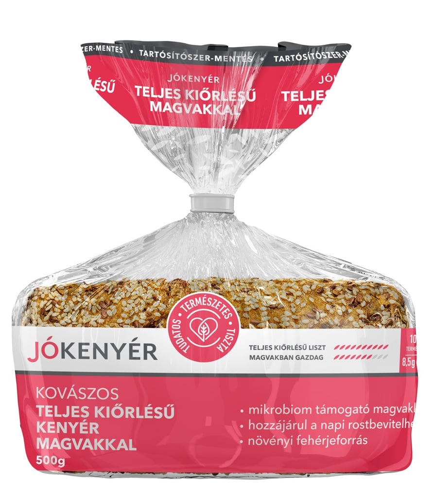 JÓkenyér Teljes kiőrlésű kovászos kenyér magvakkal szeletelt csomagolt