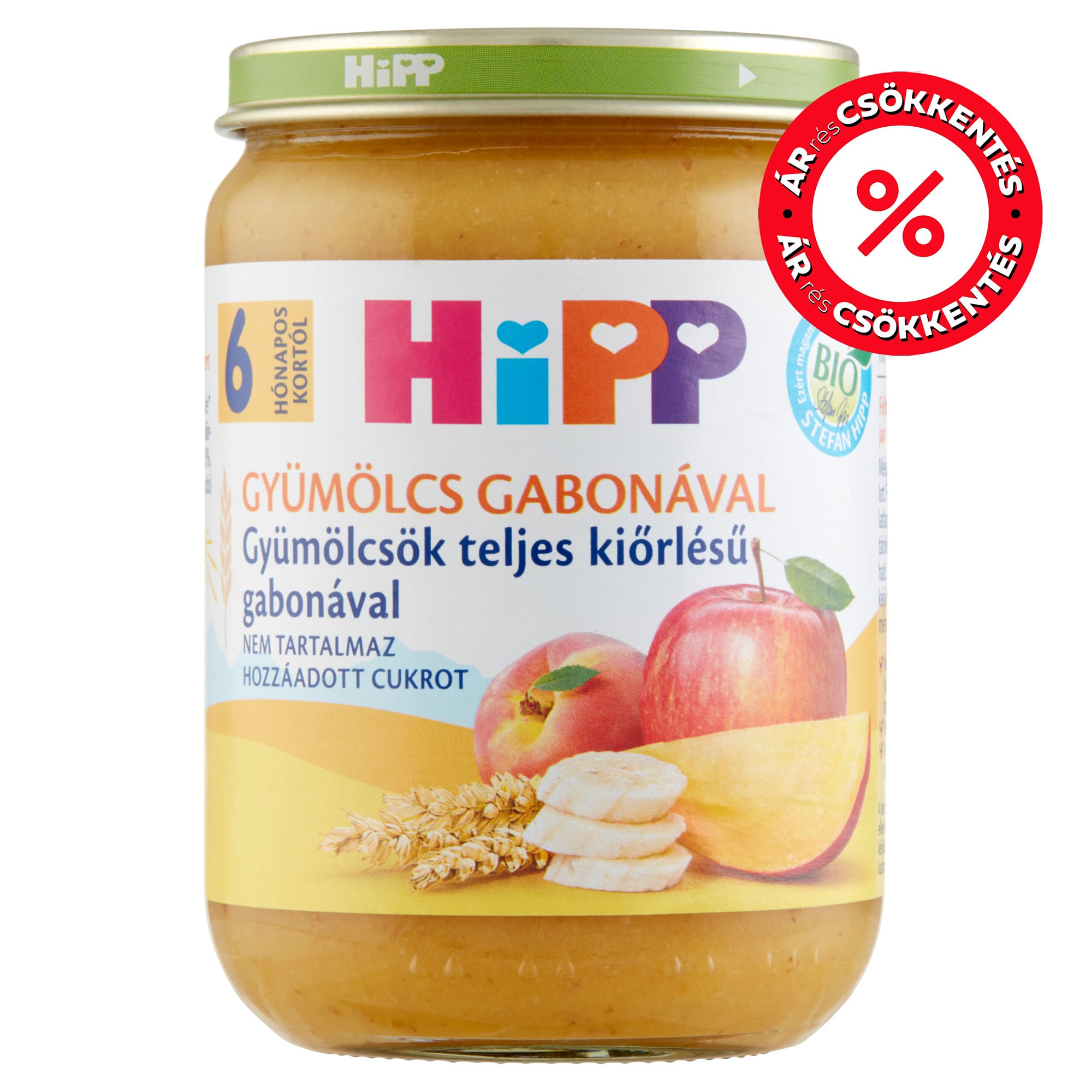 Hipp BIO Gyümölcs Gabonával gyümölcsök teljes kiőrlésű gabonával bébidesszert 6 hónapos kortól
