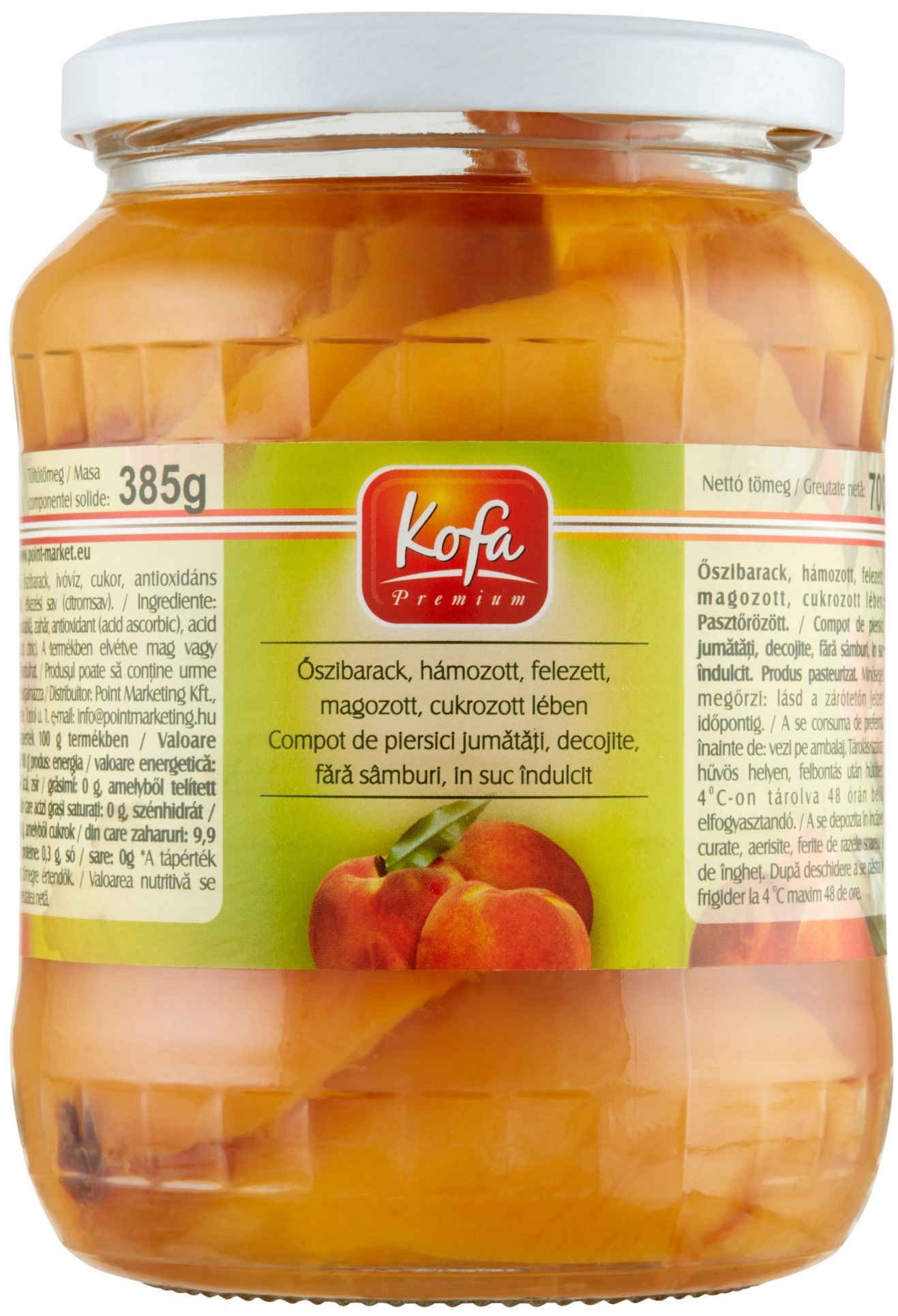 Kofa őszibarack, hámozott, felezett, magozott, cukrozott lében (700 g)