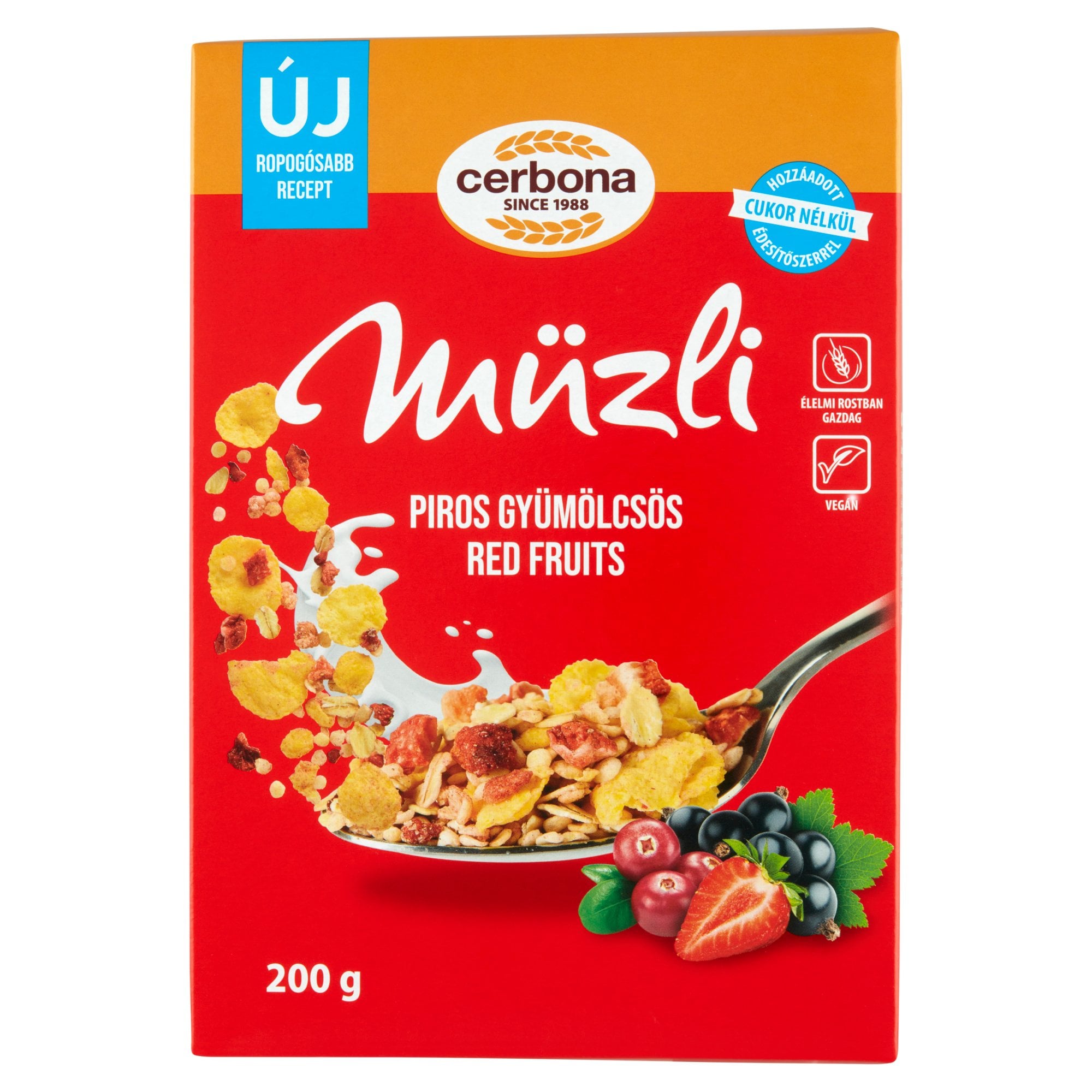Cerbona Piros gyümölcsös müzli cukor hozzáadása nélkül, édesítőszerrel