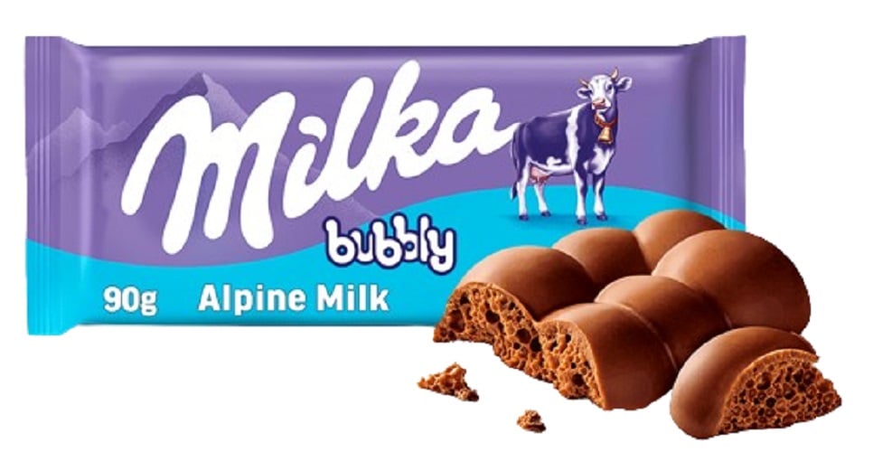 Milka Bubbly alpesi tejcsokoládé levegőbuborékos tejcsokoládé töltelékkel