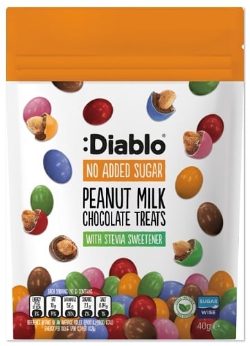 Diablo drazsé földimogyorós tejcsokoládéban és cukorbevonattal (hozzáadott cukor nélkül)