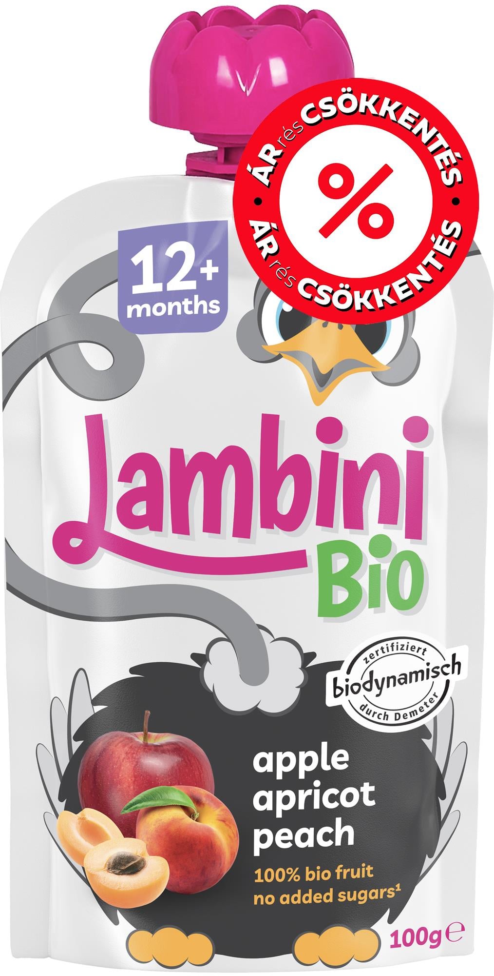 Lambini BIO Demeter Sárgabarack Őszibarack Almában gyümölcspüré 12 hónapos kortól