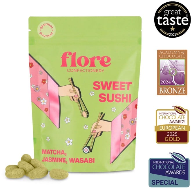Flore Confectionery Édes Sushi drazsé: Matcha, jázmin, wasabi, mandula, fehér csokoládé drazsé