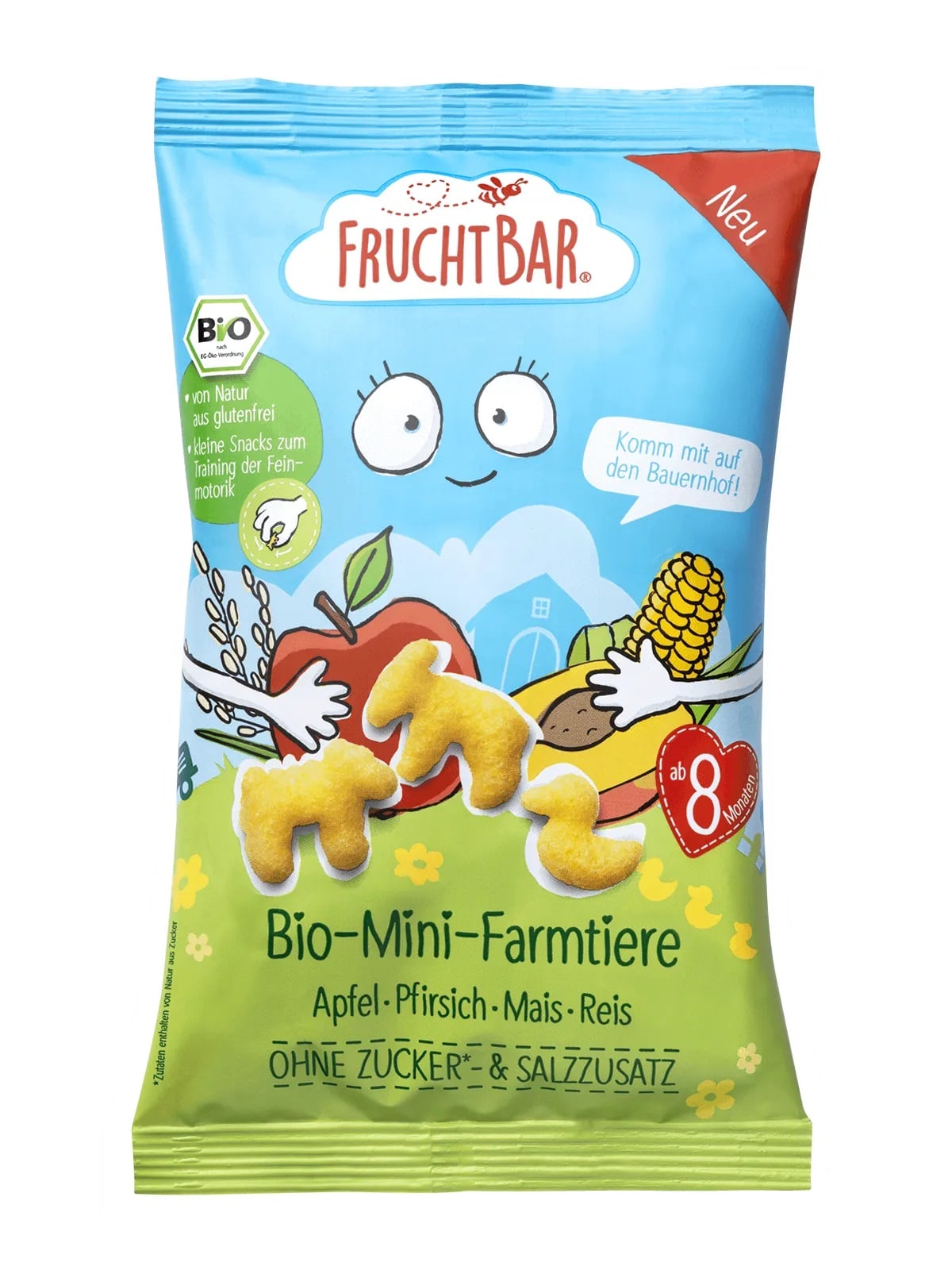 Fruchtbar BIO Extrudált kukorica snack "Mini-farm-állatok" (Alma, őszibarack, rizs) 8hónapos kortól