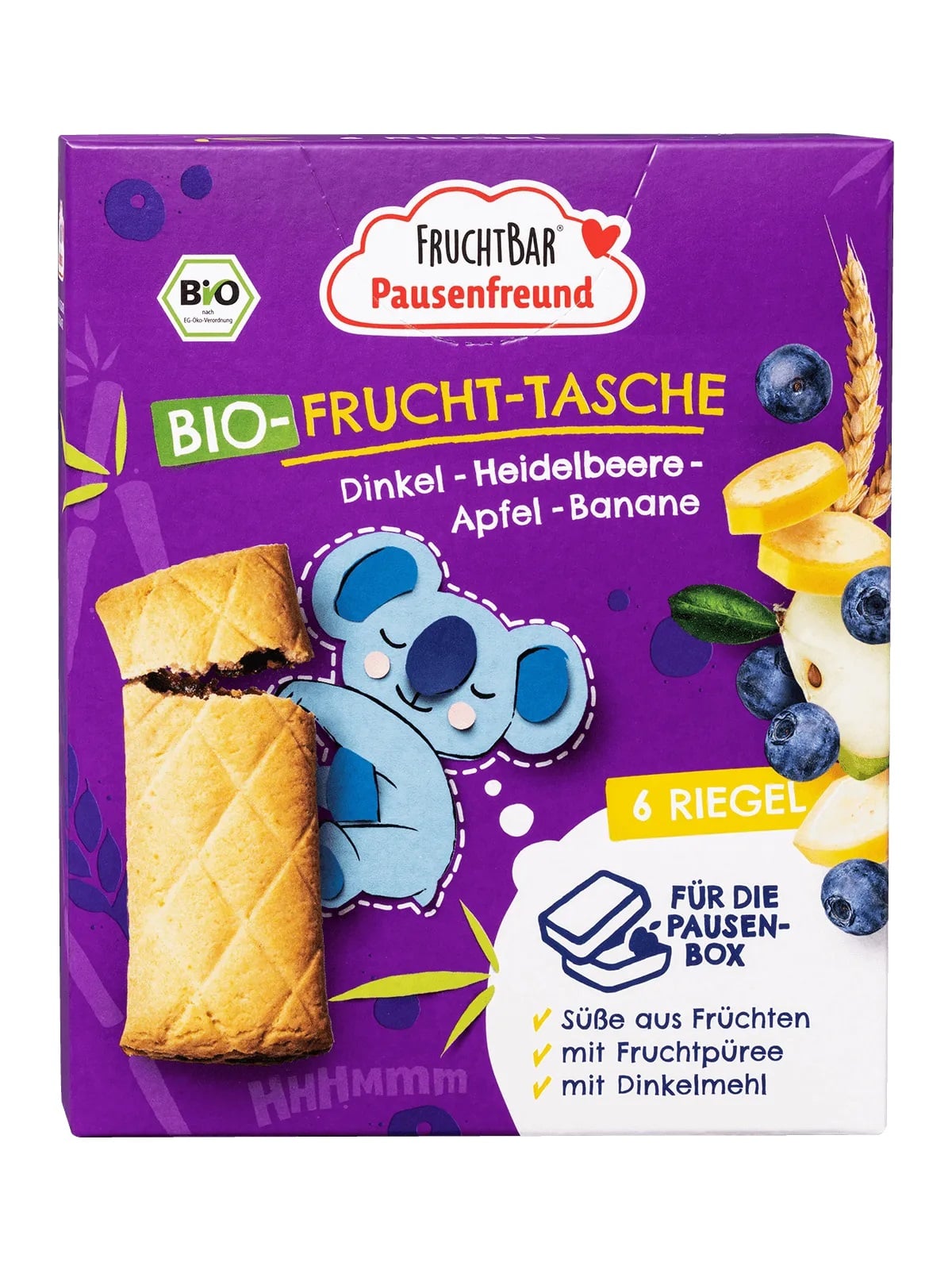 Fruchtbar Pausendfreund BIO Gyümölccsel töltött-keksz, tönköly, áfonya, alma, banán 3 éves kortól (6x22g)