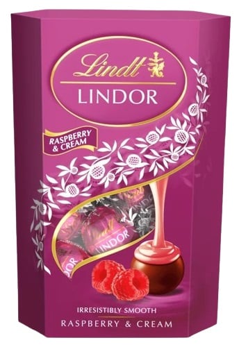 Lindt Lindor Raspberry & Cream tejcsokoládé praliné lágyan olvadó málnás-tejszínes töltelékkel