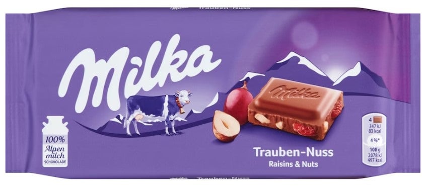 Milka alpesi tejcsokoládé mazsolával és mogyoródarabokkal