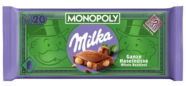 Milka alpesi tej felhasználásával készült tejcsokoládé egész mogyoróval