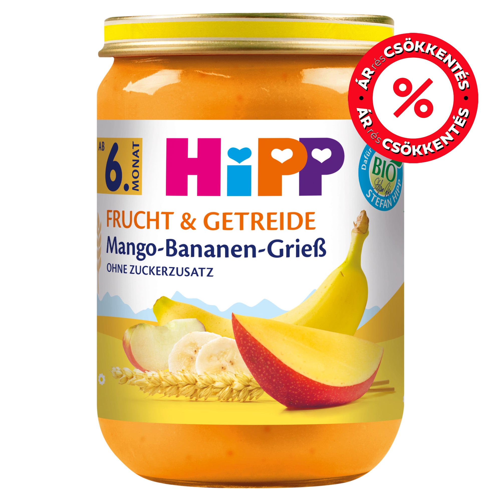 Hipp BIO Mangós-banános gríz üveges bébiétel, 6 hónapos kortól