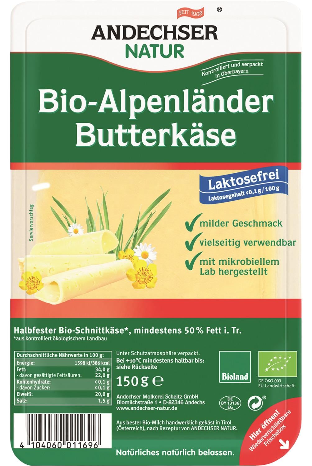 Andechser Bio "Alpenländer" laktózmentes sajt szeletelt 50%