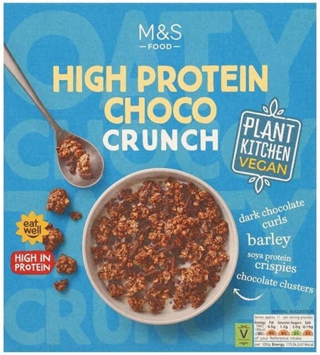 Marks & Spencer Csokoládé ízű zab, szója fehérje, búza és árpa ropogós sötét csokoládé forgácsokkal