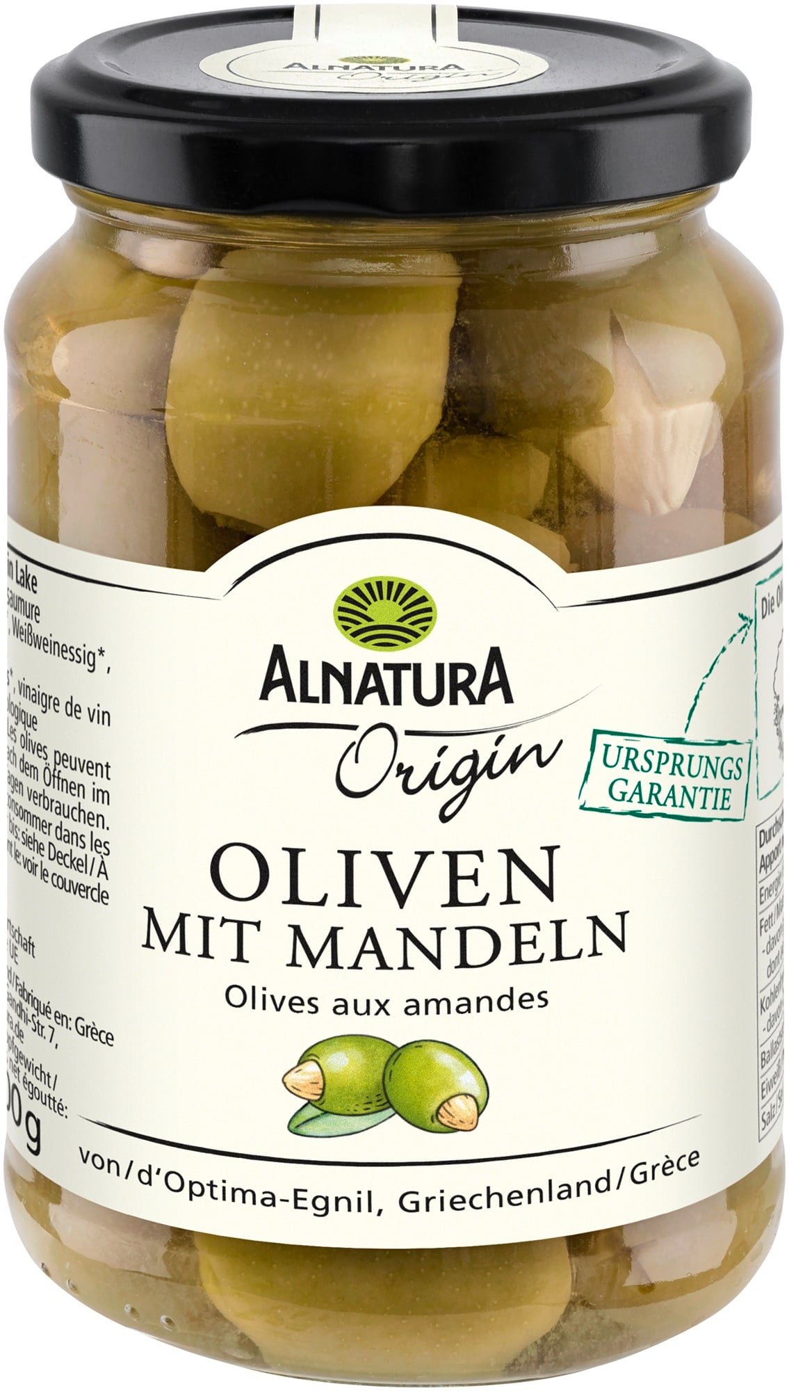 Alnatura bio olajbogyó, zöld, mandulával, sós lében (350 g)