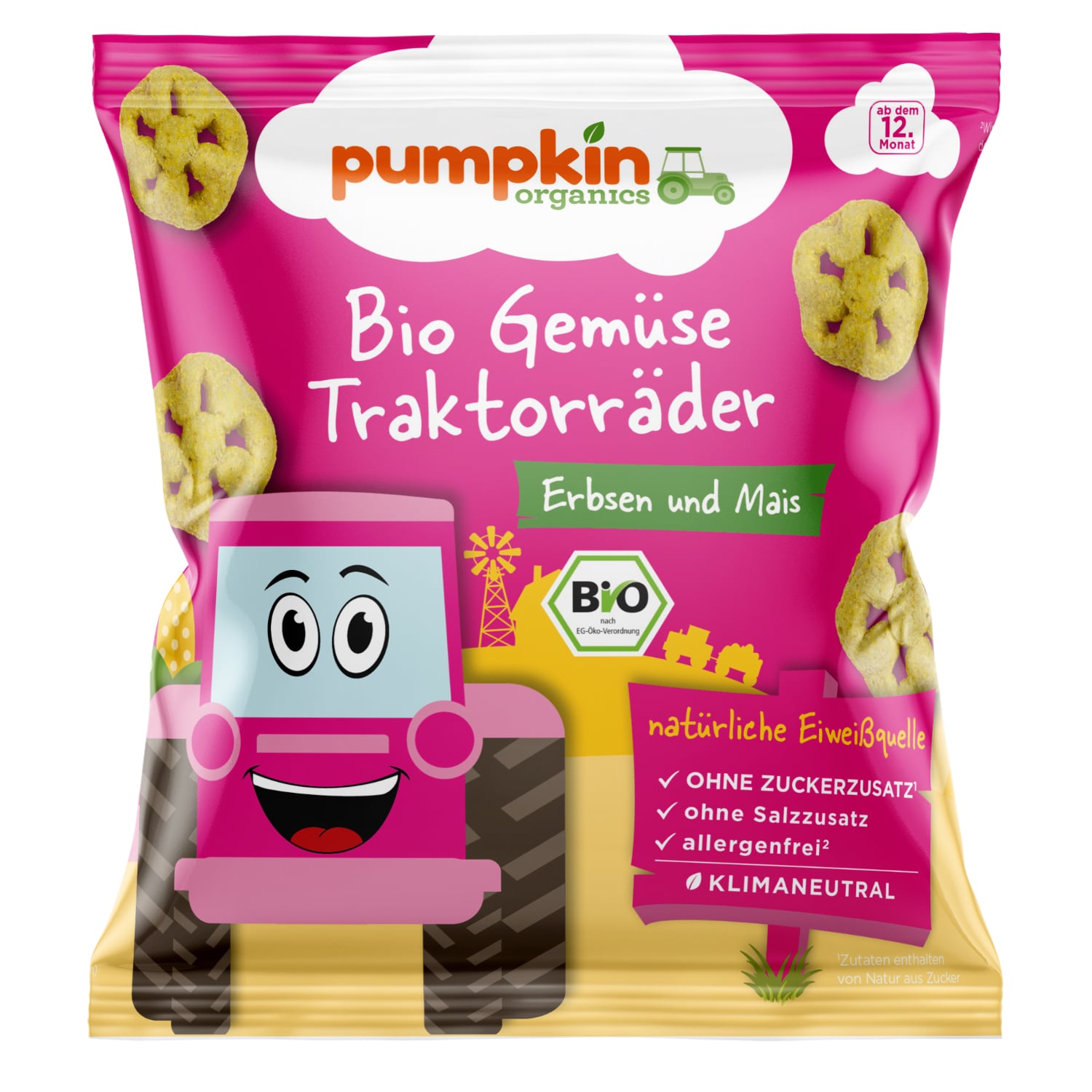 Pumpkin Organics Bio Zöldséges traktorkerék borsóval és kukoricával 12 hónapos kortól