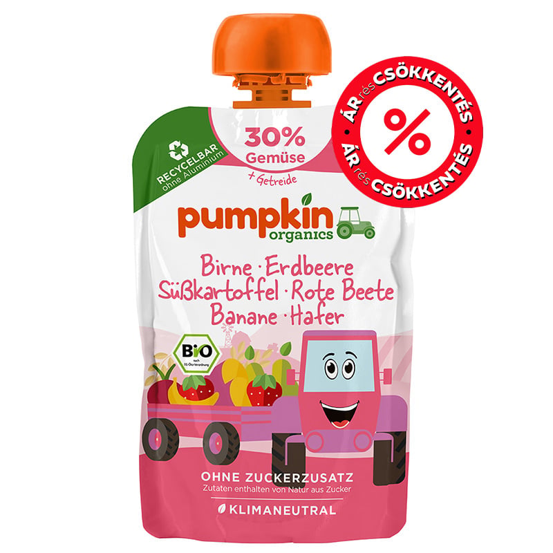 Pumpkin Organics Bio Körte eper banán édesburgonya cékla zabbal tasakos püré 6 hónapos kortól