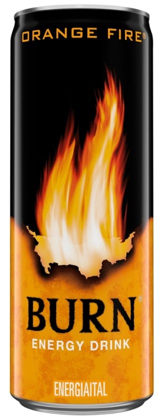 Burn szénsavas narancs ízű energiaital koffeinnel, B-vitaminokkal, inozitollal