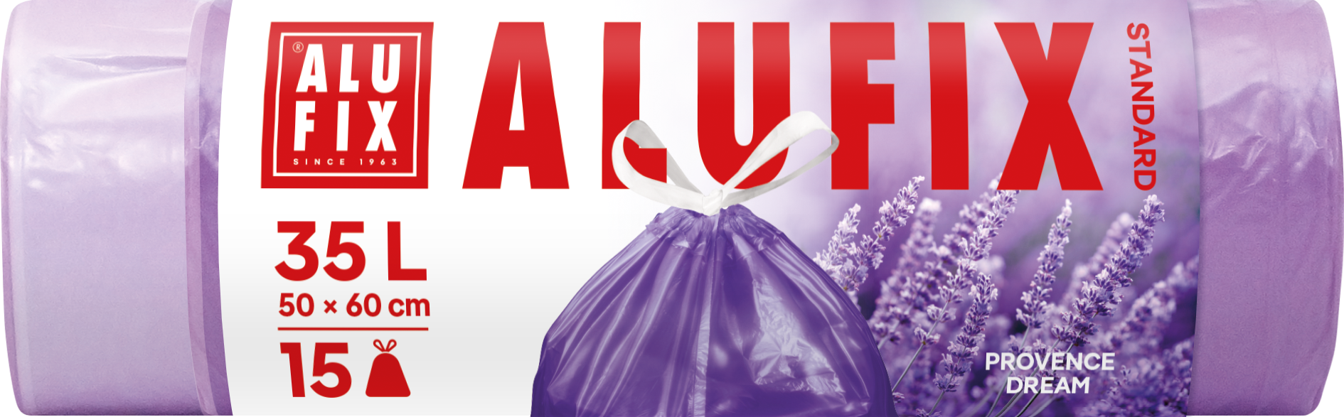 ALUFIX zárószalagos szemeteszsák, Provence Dream, HDPE, ibolya színű, levendula illattal 35 literes