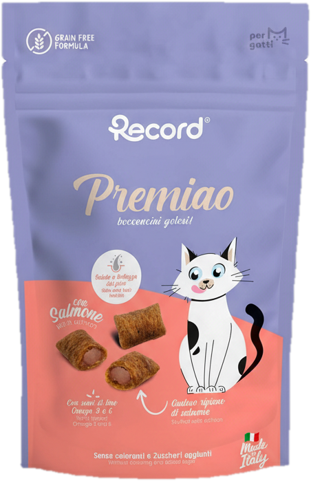Record töltött funkcionális szőrápoló jutalomfalat macskáknak, lazac 50g