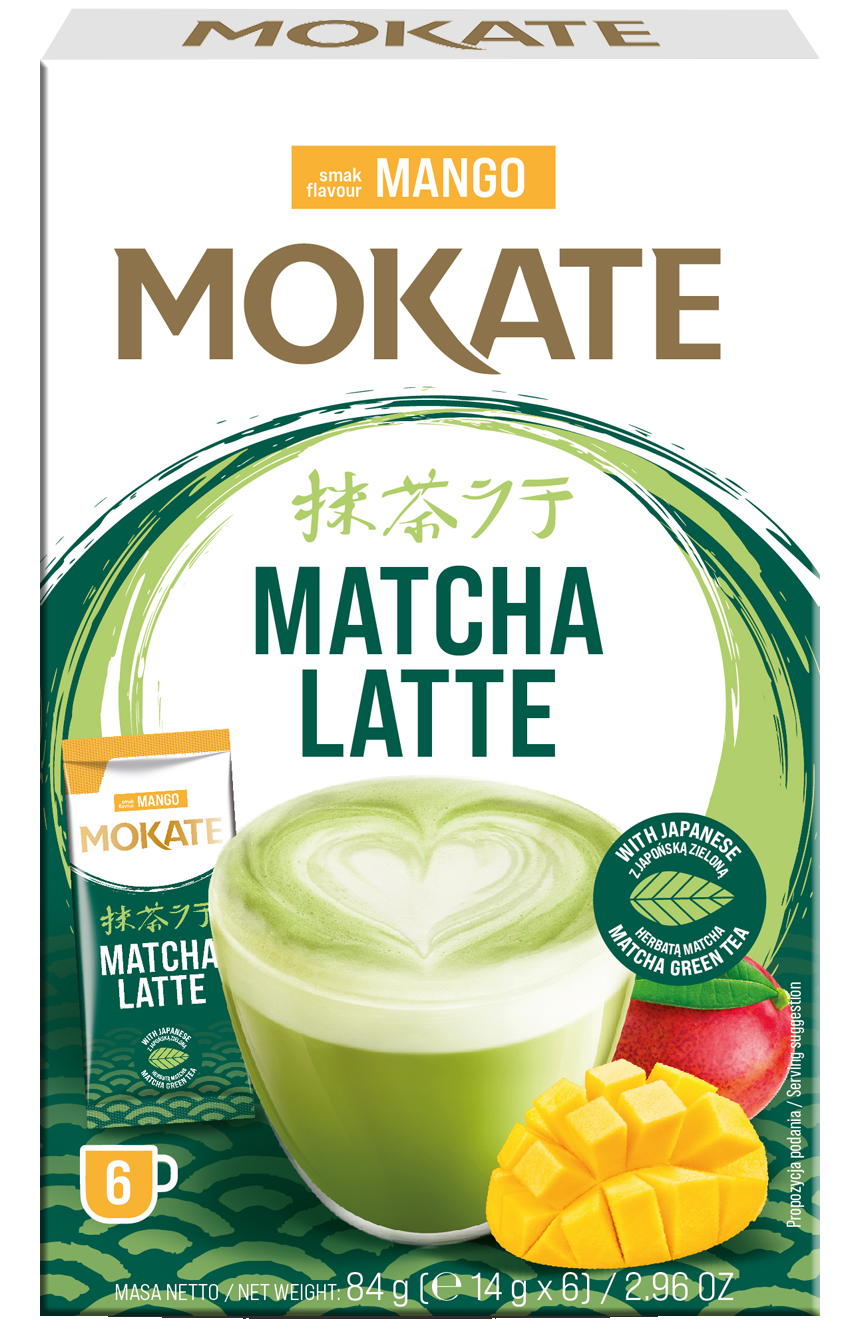 Mokate Matcha Latte Mangó tej és zöldtea alapú instant italpor, mangó ízesítéssel