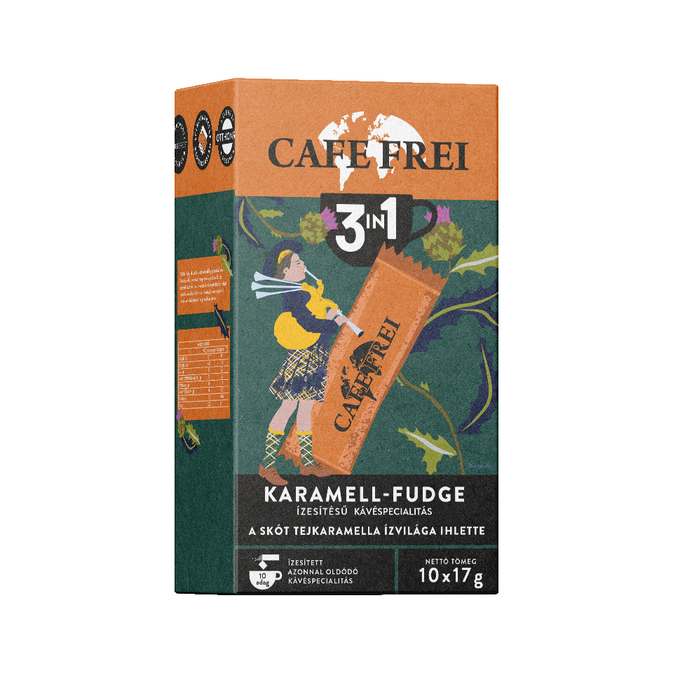 Cafe Frei Skót Karamell-Fudge ízesítésű kávéspecialitás 3 in 1 instant kávé