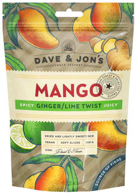 Dave & Jon's Ginger-Lime Twist szárított Mangó szeletek gyömbérrel és lime-mal enyhén ízesítve