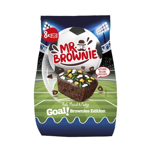 Mr. Brownie GOAL browmnie belga csokoládé darabokkal, színes cukorka díszítéssel