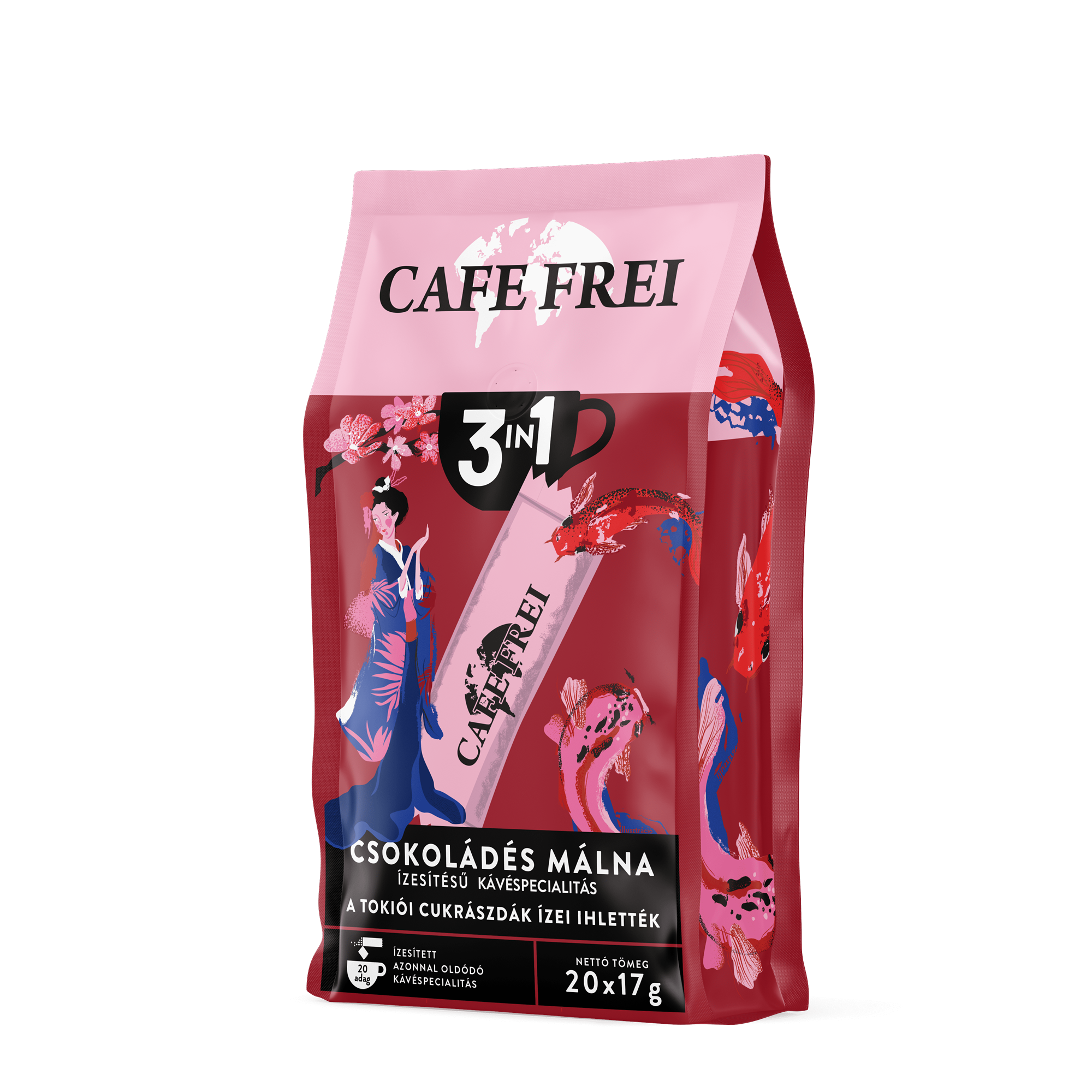 Cafe Frei Tokiói csokoládés málna ízesítésű kávéspecialitás 3 in 1 instant kávé