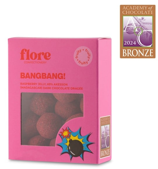 Flore Confectionery BangBang! drazsé: málnazselé, madagaszkári 69%-os Åkesson étcsokoládé drazsé
