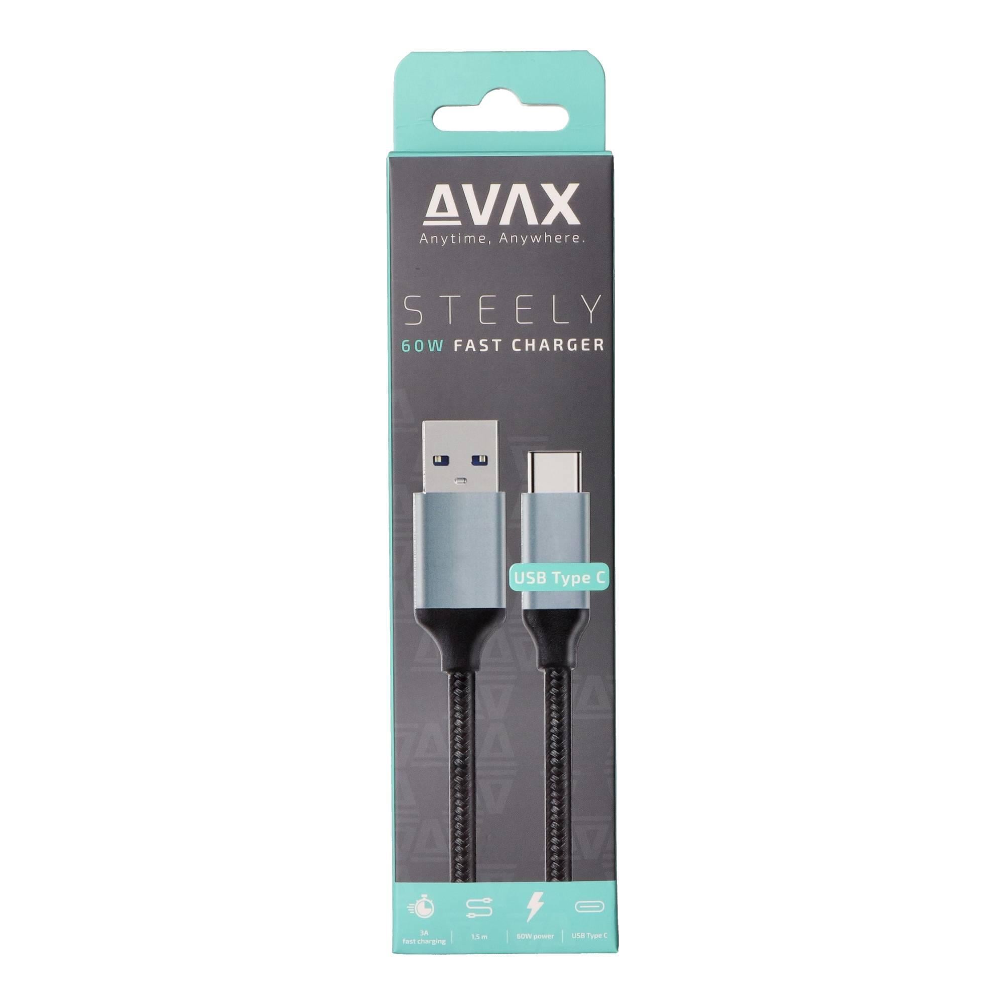AVAX CB-301G STEELY USB A-Type C, 1.5m gyorstöltő, sodorszálas kábel, 3A, acélszürke