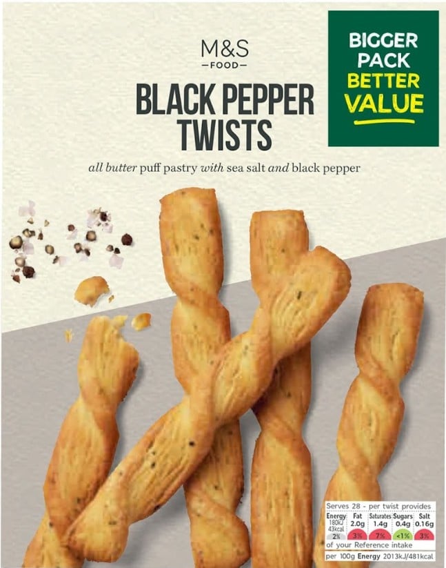 Marks & Spencer Leveles tészta twist tengeri sóval és fekete borssal