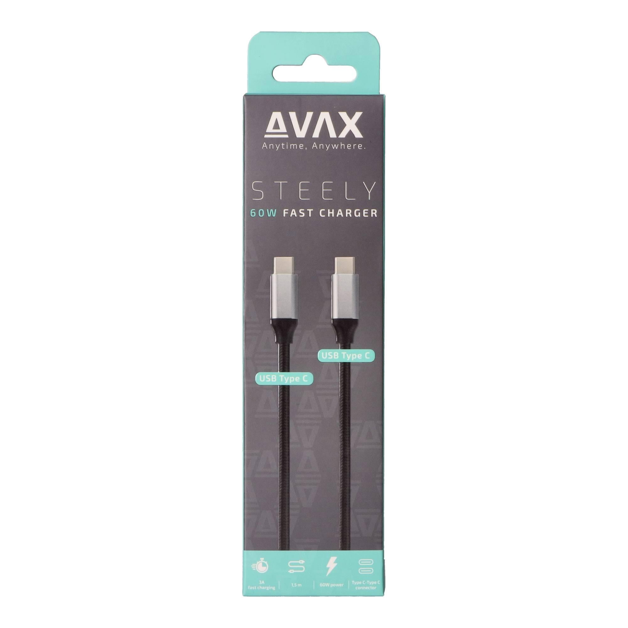 AVAX CB-302G STEELY Type C-Type C 60W, 1.5m gyorstöltő, sodorszálas kábel, 3A, acélszürke