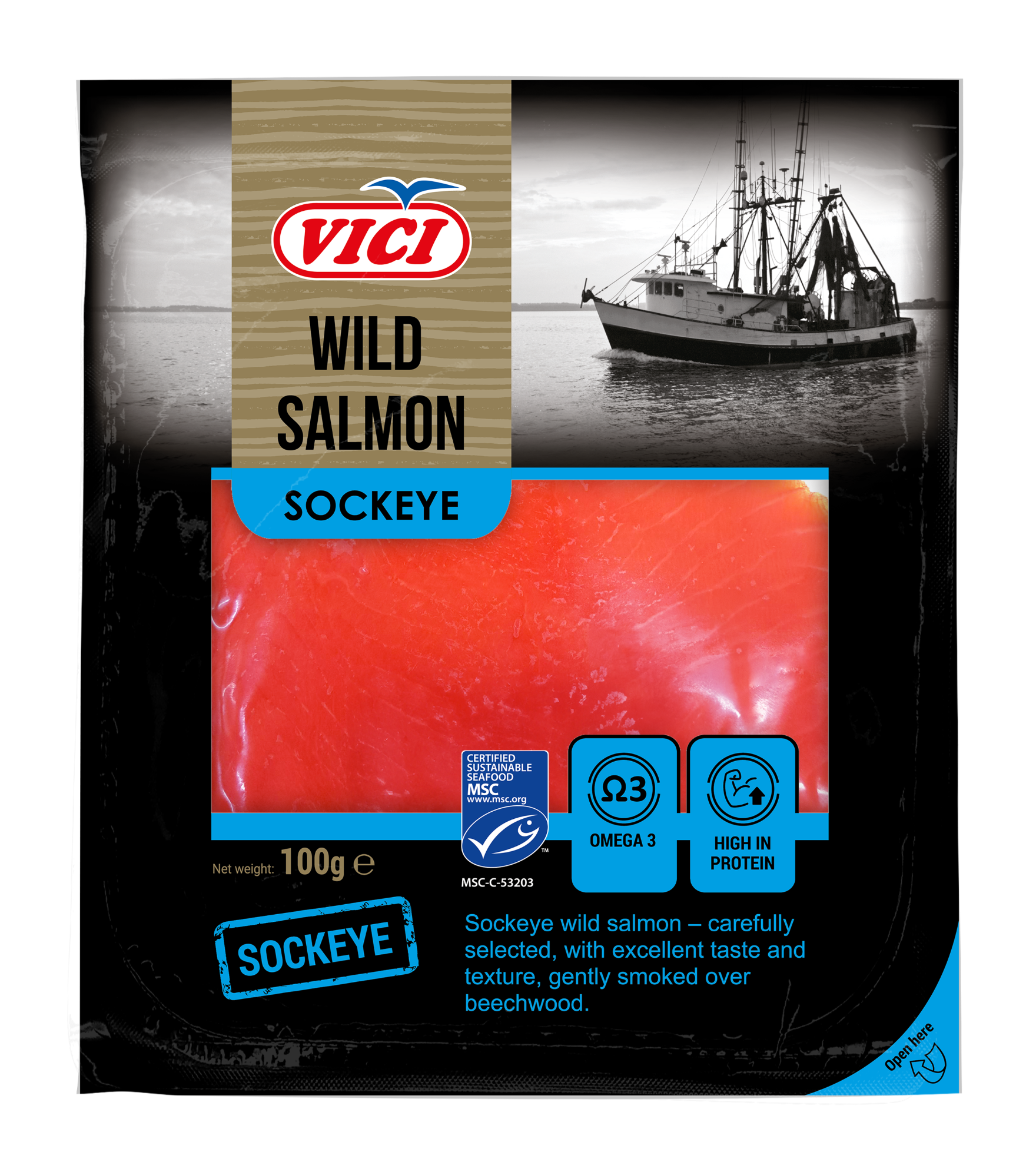 Vici, Hidegen füstölt sockeye lazacfilé, szeletelve