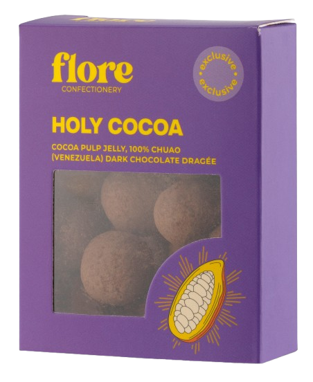 Flore Confectionery Szent Kakaó drazsé: kakaó juice zselé, 100%-os venezuelai Chuao étcsokoládé drazsé