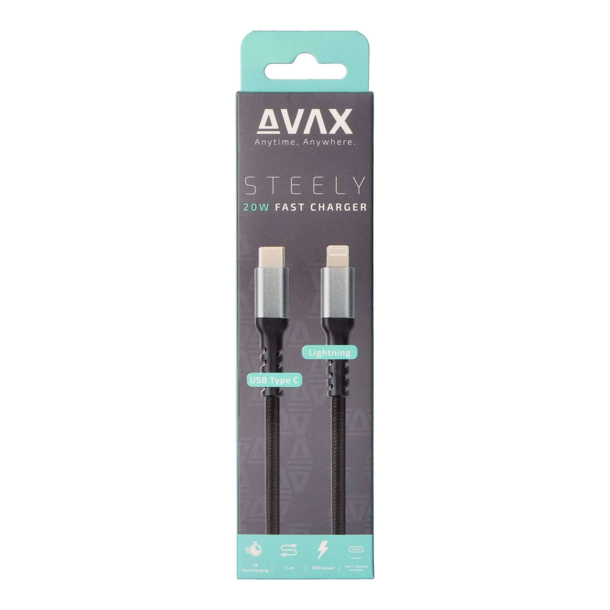 AVAX CB-402G STEELY Type C-Lightning 20W, 1.5m gyorstöltő, sodorszálas kábel, 3A, acélszürke