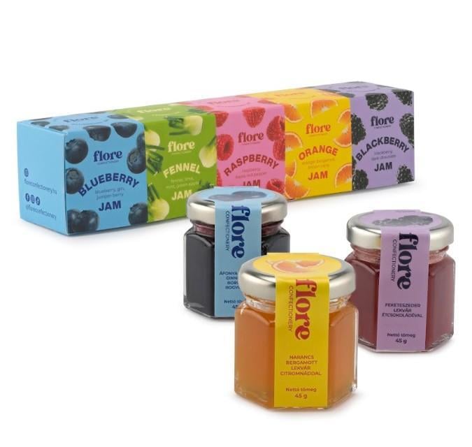 Flore Confectionery signature lekvár válogatás díszdobozban (áfonya, édeskömény, málna, narancs, szeder)