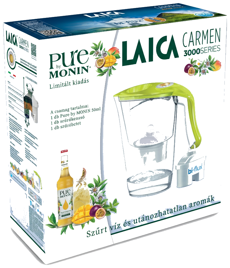 LAICA Carmen Norma zöld vízszűrő kancsó mechanikus kijelzővel 2,3 L_limitált Monin Pure 50 ml kiadás