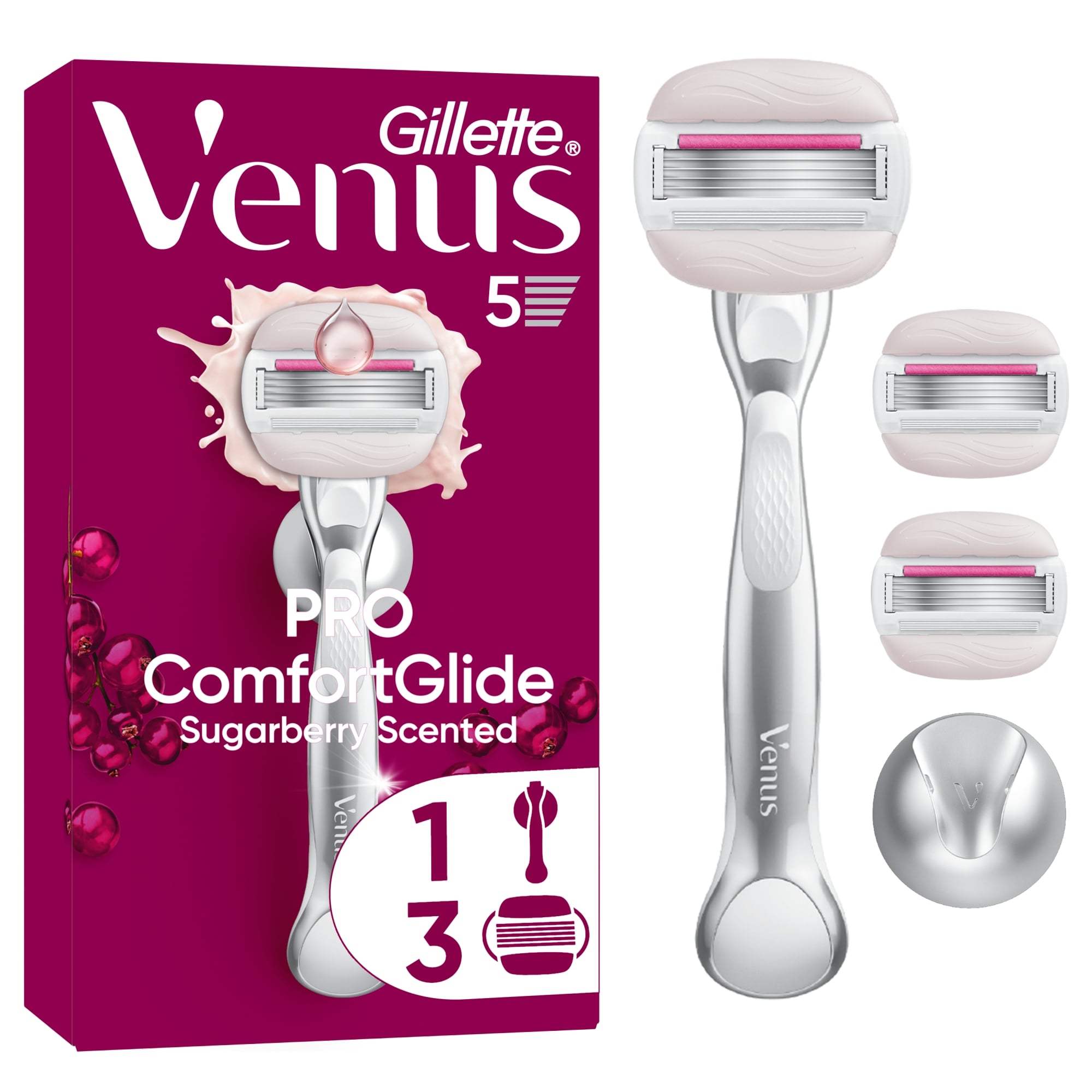 Gillette Venus Pro Comfort Glide Sugarberry Női Borotva 3 db Borotvabetéttel, Fali Borotvatartóval