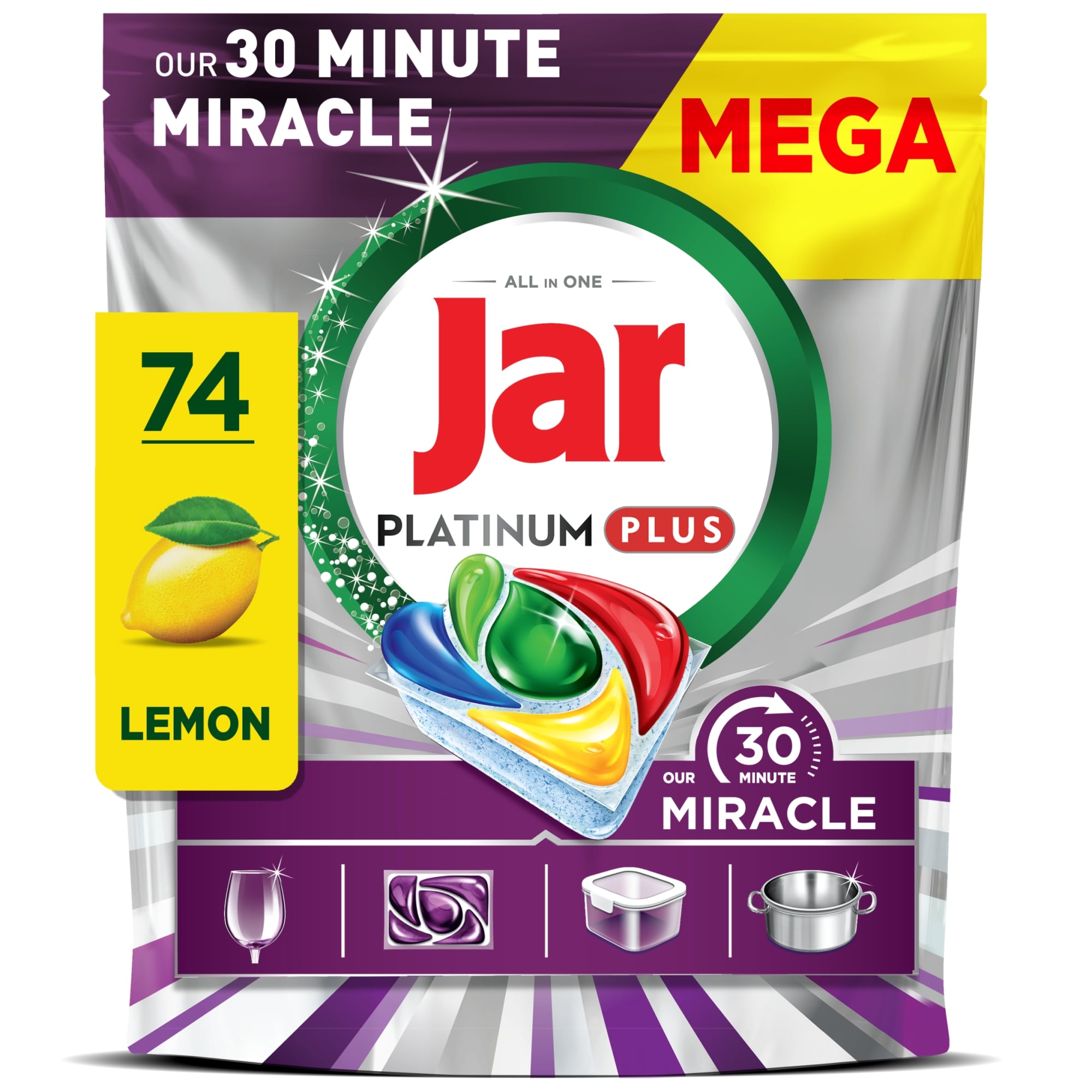 Jar Our 30 Minute Miracle Platinum Plus Mosogatókapszula Lemon, 74 db