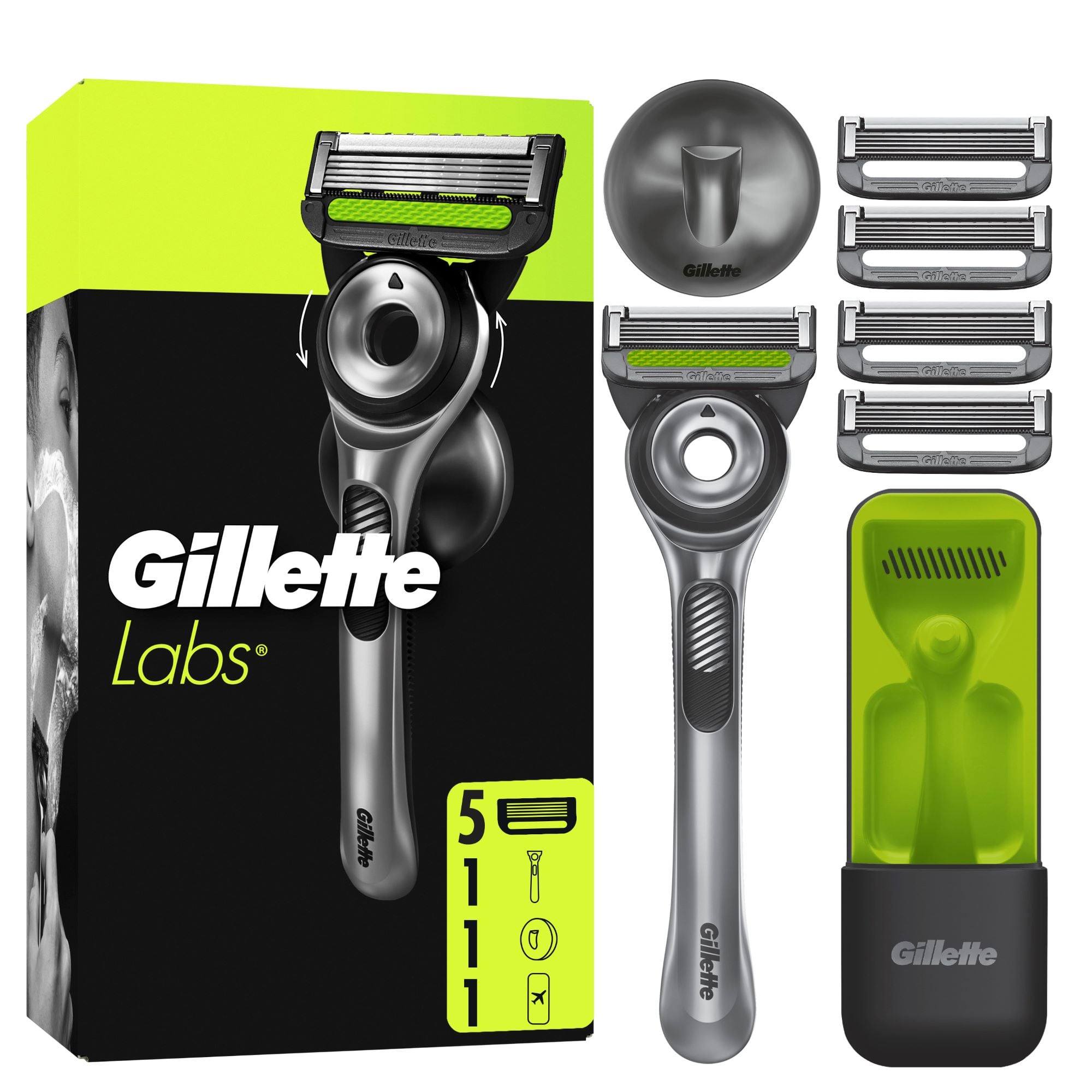 Gillette Labs Borotva Bőrradírral, 5 db Borotvabetéttel, Fali Borotvatartóval és Utazótokkal