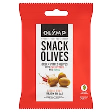 Olymp Snack Olives fűszerezett zöld magozott olajbogyó chili paprikával 70 g