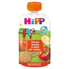 HiPP HiPPiS BIO alma-banán-őszibarack keksszel gyümölcskészítmény 1 éves kortól 100 g