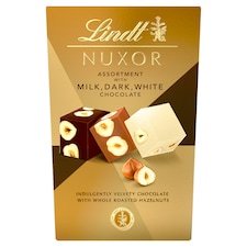 Lindt Nuxor csokoládé válogatás tej-, ét- és fehér csokoládé egész mogyoróval őrölt mogyoróval 150 g