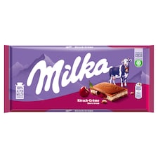 Milka alpesi tejcsokoládé meggyízű tejes krémtöltelékkel és meggyes gyümölcskrémmel 100 g