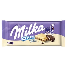 Milka Oreo White fehér csokoládé vaníliaízű, tejes krémtöltelékkel és kakaós kekszdarabokkal 100 g