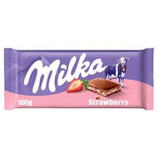 Milka alpesi tej felhasználásával készült tejcsokoládé eperízű krémmel töltve 100 g
