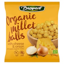 Biopont gluténmentes bio sajtos-hagymás ízesítésű extrudált kölesgolyó 75 g