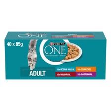 Purina One Adult csirkével/marhával/báránnyal/tengeri hallal szószban nedves macskaeledel 40 x 85 g