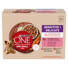 Purina One Mini Sensitive/Delicate lazaccal rizzsel nedves kutyaeledel 10 x 85 g (850 g)