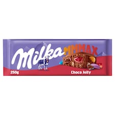 Milka Mmmax alpesi tejcsokoládé meggyes zselédarabkákkal, cukordrazséval és robbanócukorkával 250 g