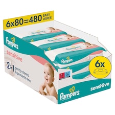 Pampers Sensitive Baby Nedves Törlőkendő, 6 Csomag x 80 Törlőkendő = 480 db Baba Nedves Törlőkendő